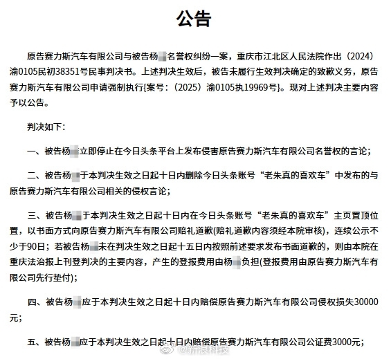 赛力斯维权胜诉 博主判赔3万元拒不执行被限高