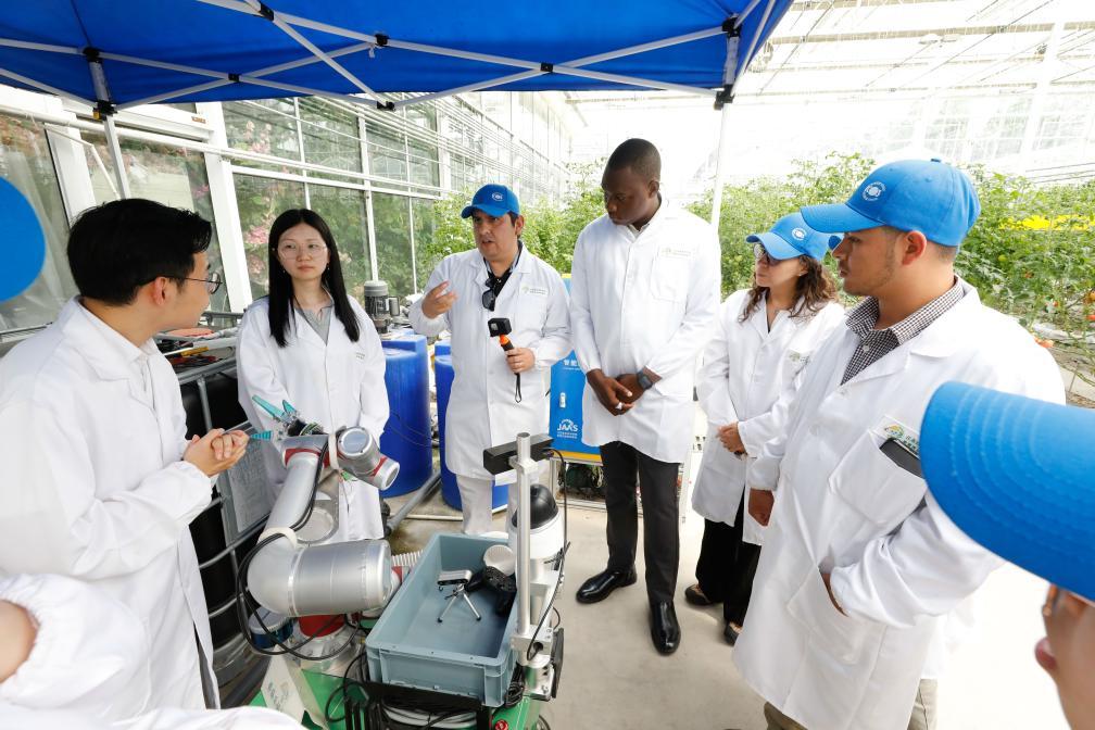 2024年5月22日,“中国—FAO(联合国粮农组织)南南合作拉丁美洲和加勒比地区农村生计改善和粮食体系转型能力建设活动”学员赴江苏省农业科学院开展交流。新华社发(江苏省农业科学院供图)
