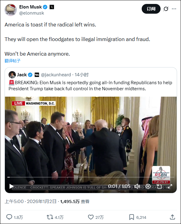 马斯克所转发的帖文 X平台