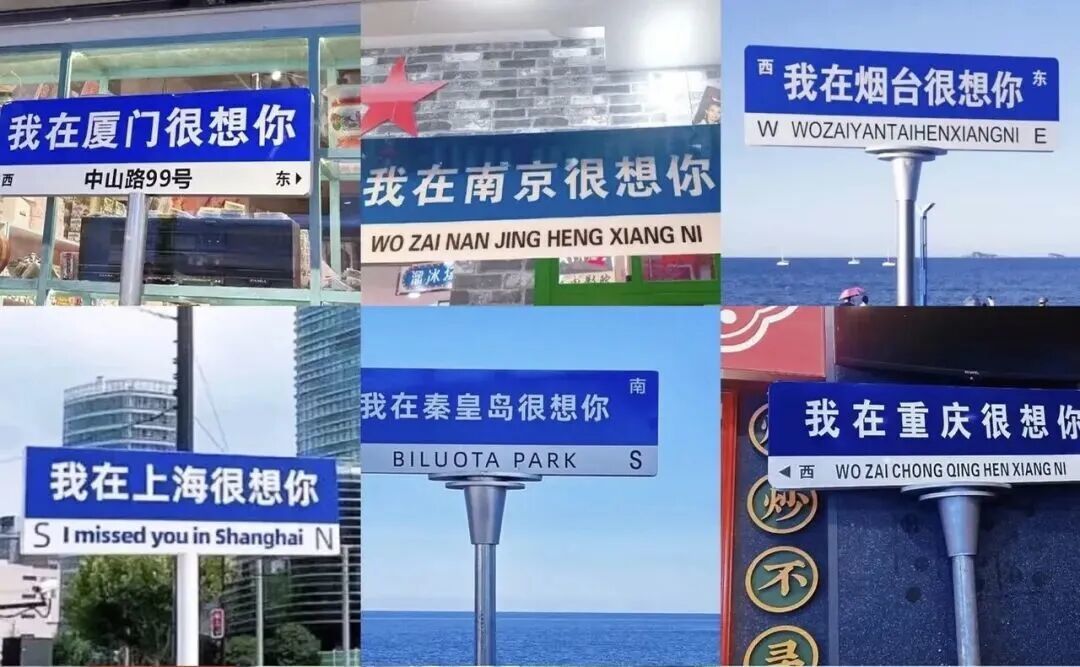 “我在XX很想你”的蓝白路牌出现在各大网红景区。图片来源：社交媒体
