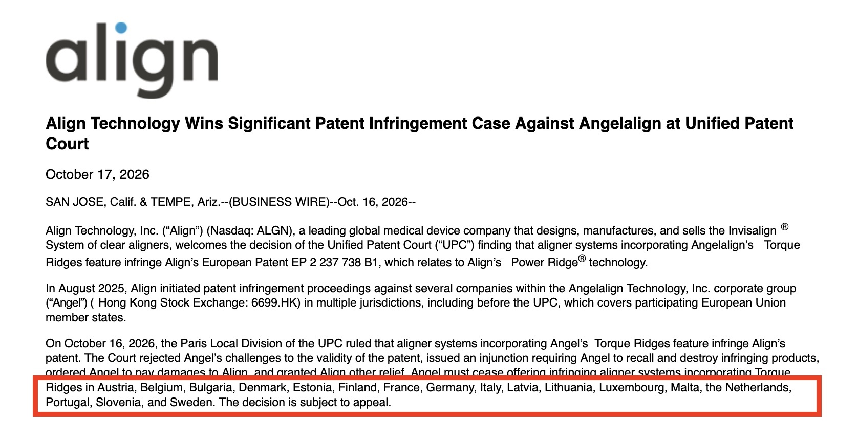爱齐科技发布欧洲统一专利法院相关判决公告,涉案产品涉及Torque Ridges设计