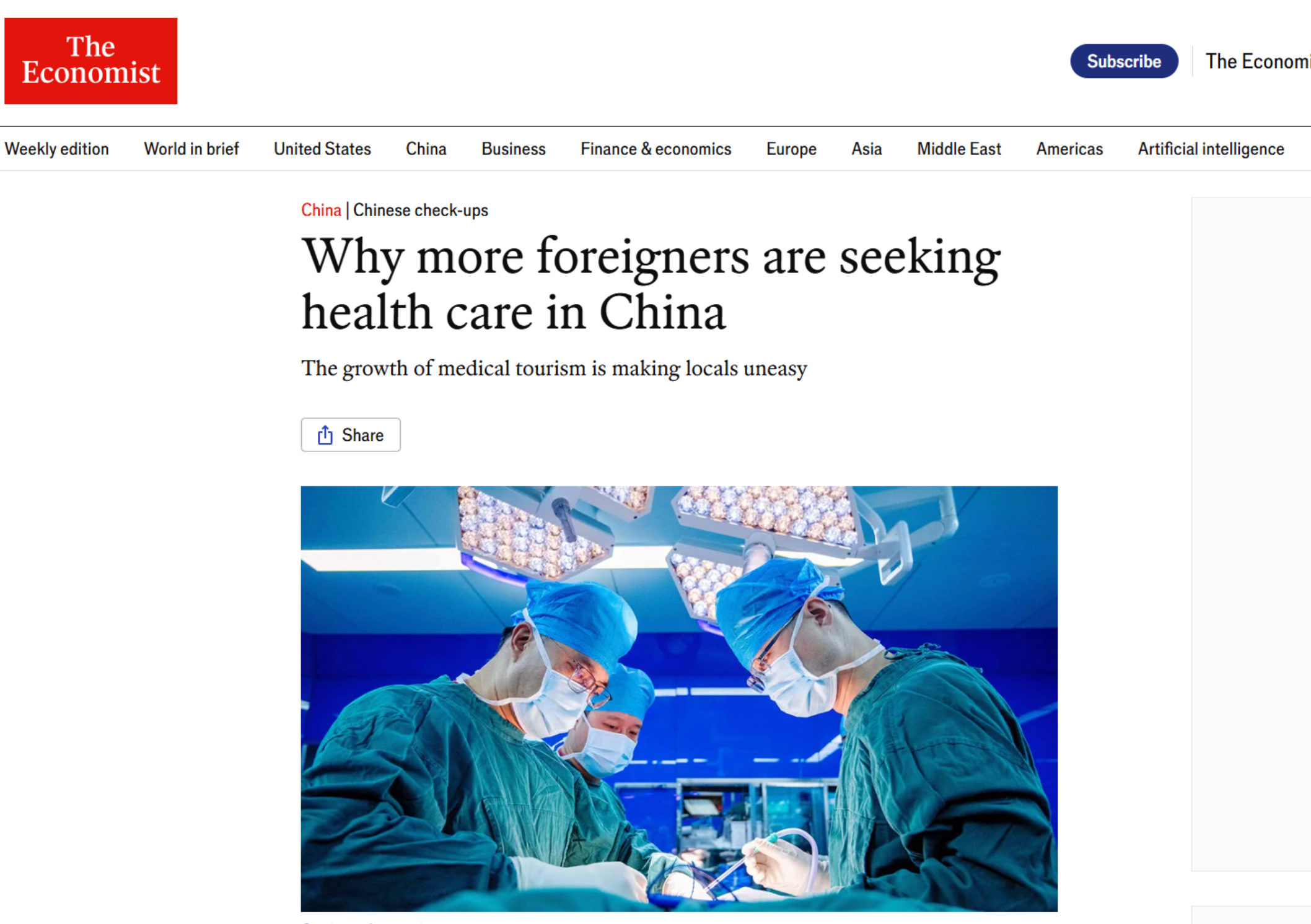英国《经济学人》周刊网站报道《为何外国人扎堆来中国看病》的截图