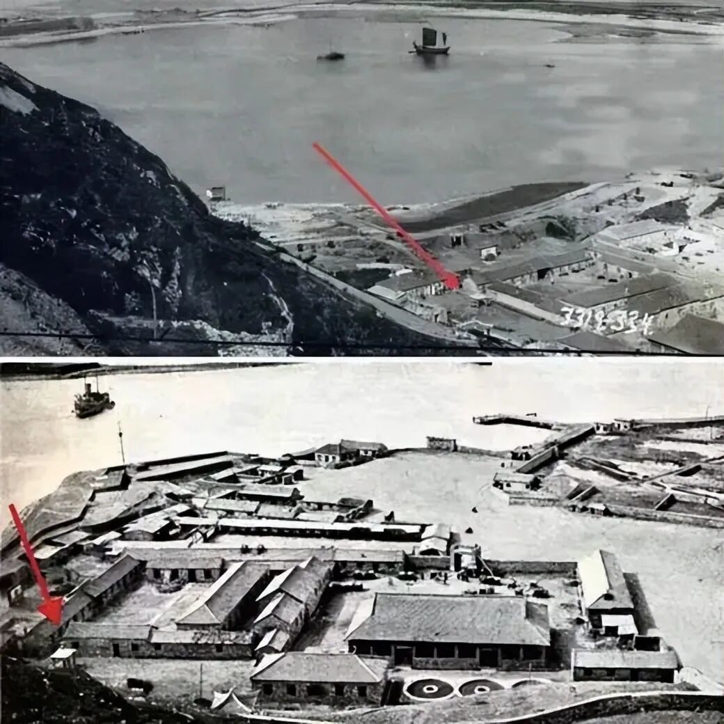 20世纪初,俄国人、日本人拍摄旅顺照片中的唐鸿胪井碑及碑亭(红色箭头所指向)