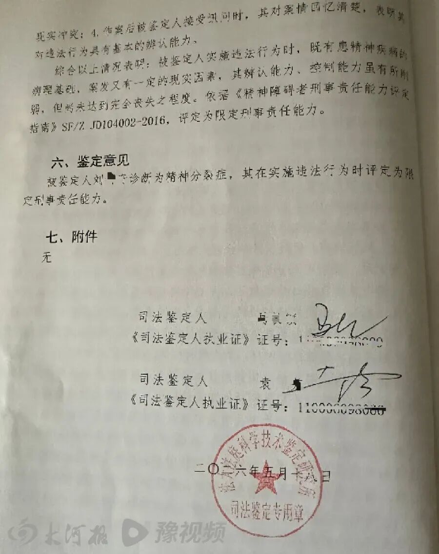 刘某奇第二次精神鉴定结果,受访者供图