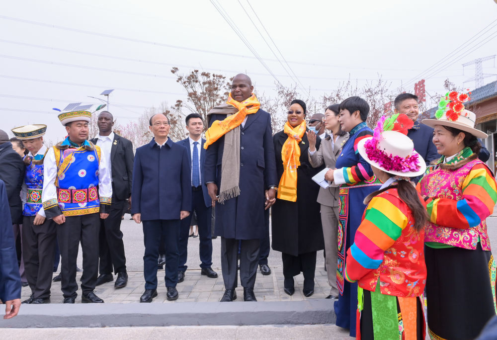 4月19日，莫桑比克总统查波一行在青海互助土族自治县班彦村参访。新华社发 王湘琳 摄