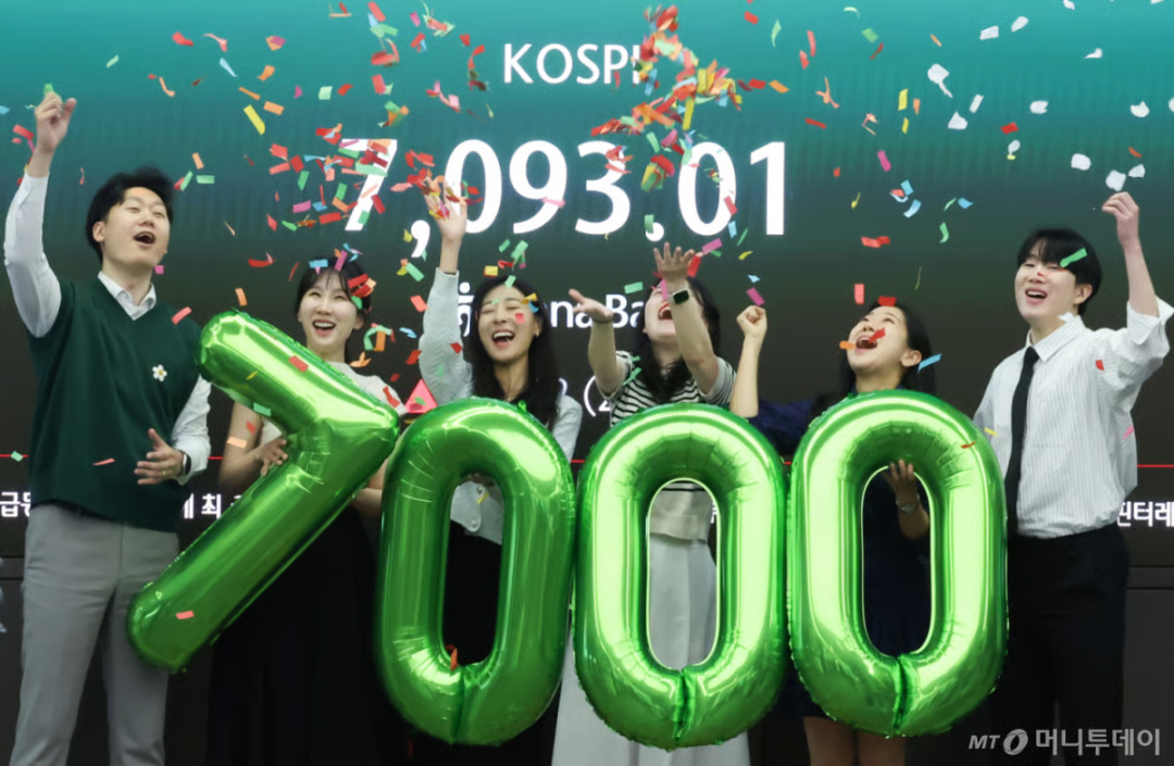 首尔韩亚银行总部,职员们庆祝KOSPI冲破7000点。(图源:NEWS1)