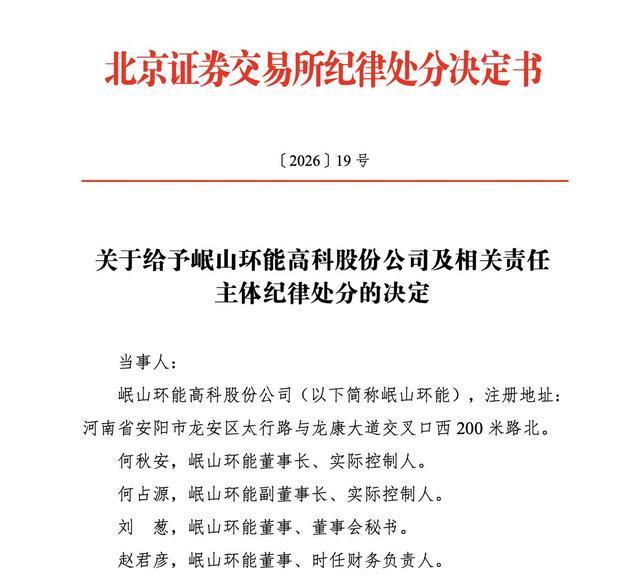 北交所出具的岷山环能高科纪律处分决定书封面