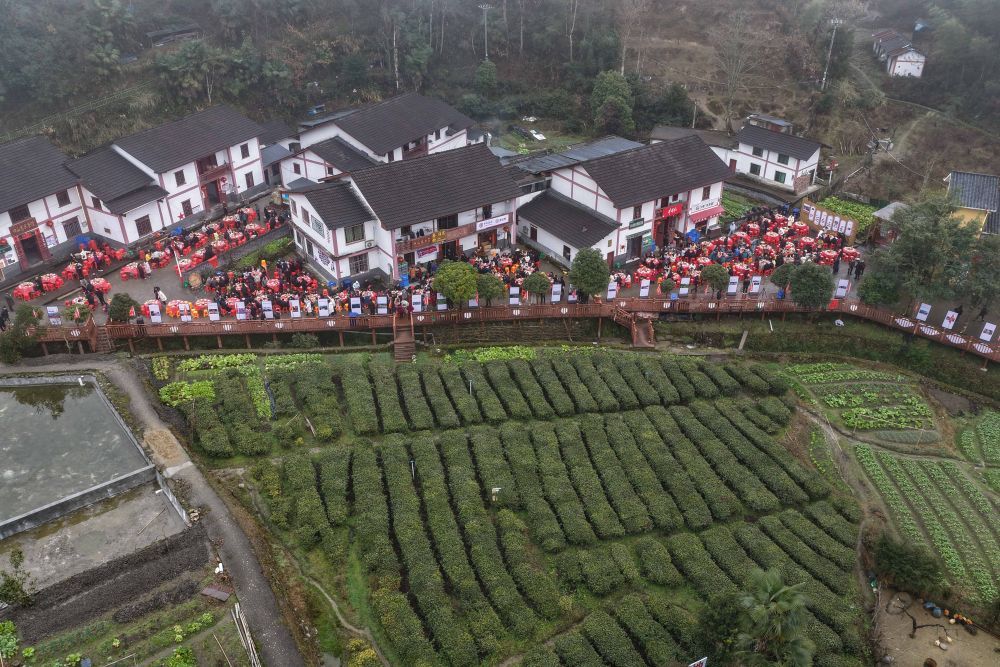 这是江西省井冈山市茅坪镇神山村举办的“神山宴”活动现场(2026年2月1日摄,无人机照片)。新华社记者 周密 摄