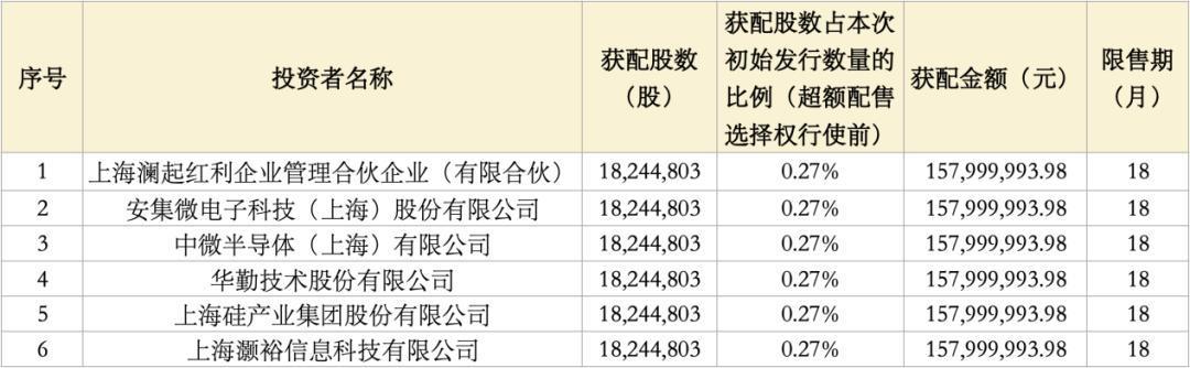 长鑫科技战略配售投资者获配明细表格