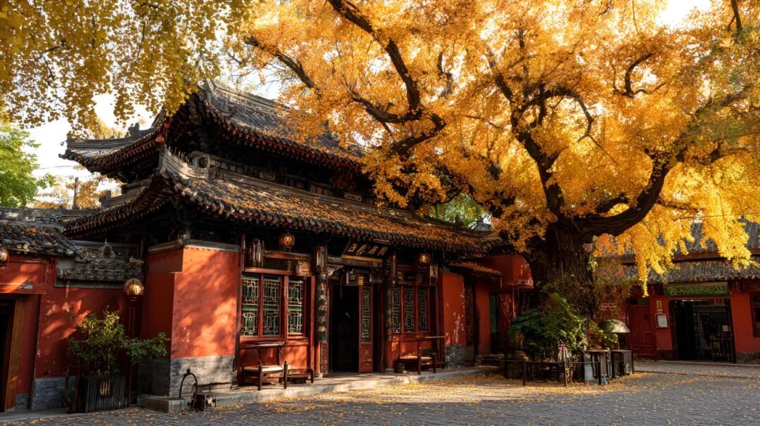 摄图网_603287354_古建筑前的金黄银杏树(企业商用).jpg