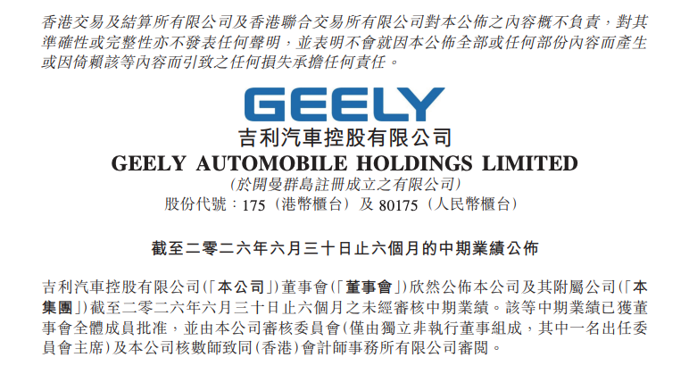 吉利汽车上半年营超1700亿元，核心归母净利润同比增长46%