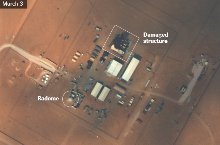 《纽约时报》称,卫星图像显示,驻有美军的沙特阿拉伯苏丹王子空军基地的一处雷达罩附近的建筑物被完全损毁
