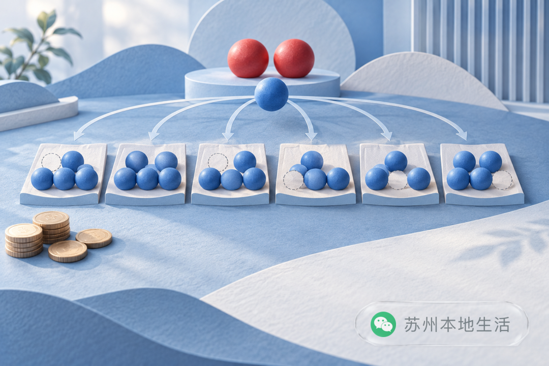 六枚前区号码球通过组合路径形成多注投注的概念画面,旁有少量筹码表现成本累加。