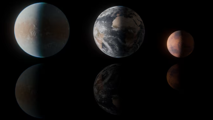 HD 137010 b（左）、地球和火星对比图