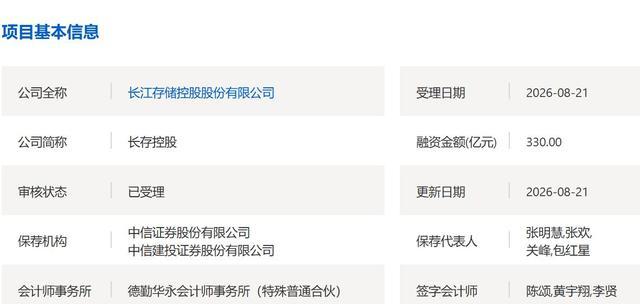 长存控股IPO项目上交所受理公示信息
