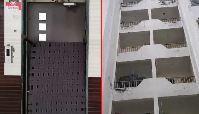 ▲涉事电梯(左)以及小区外部(右)