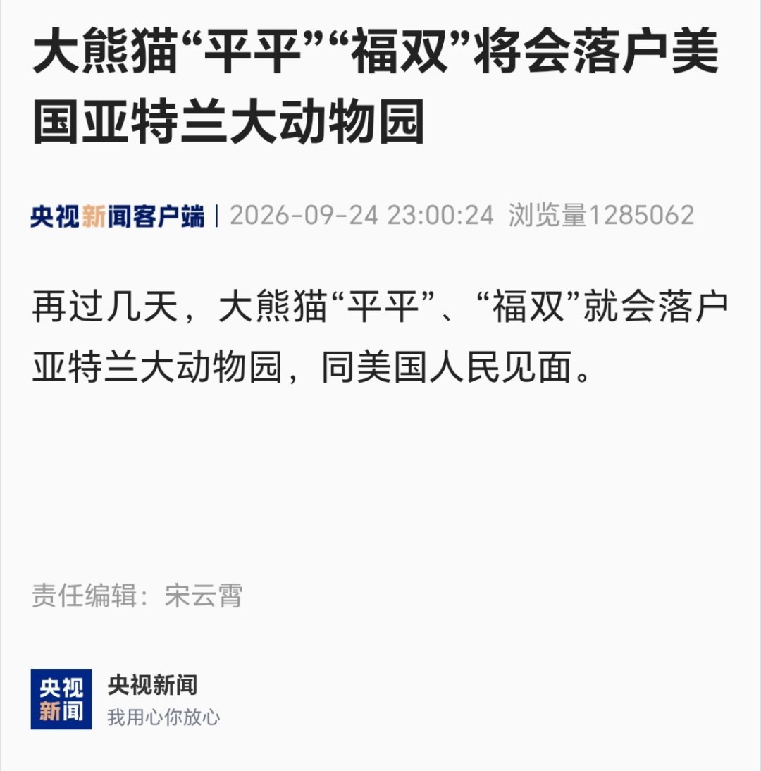 【大熊猫“平平”“福双”将会落户美国亚特兰大动物园】再过几天,大熊猫