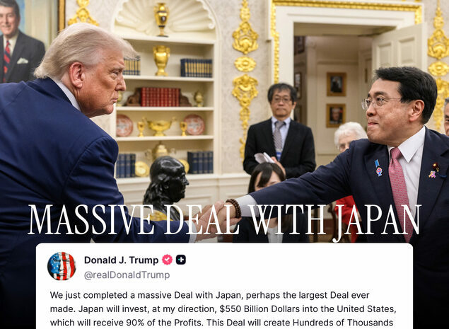 美国白宫于美国时间2025年7月22日在X(原推特)上发布关于日美关税谈判的图片,总统特朗普(左)与日本经济再生担当相赤泽亮正握手。共同社