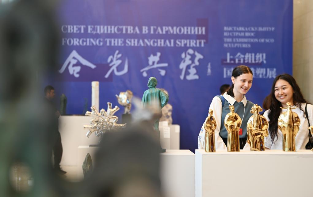 2025年7月23日,2025上合组织国家文明对话在天津举行,参会者在“合光共塑”上合组织国家雕塑展上参观。新华社记者 李然 摄