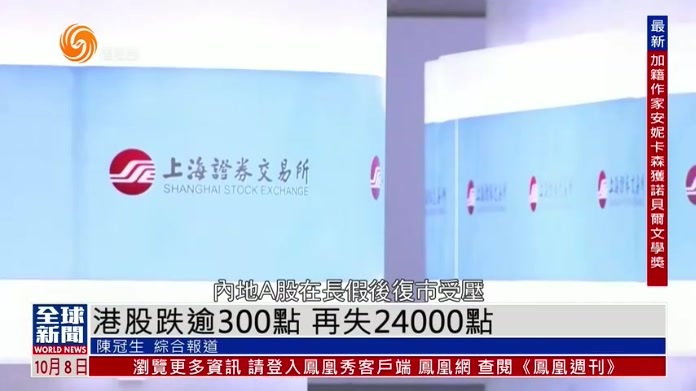 粤语报道｜港股跌逾300点 再失24000点