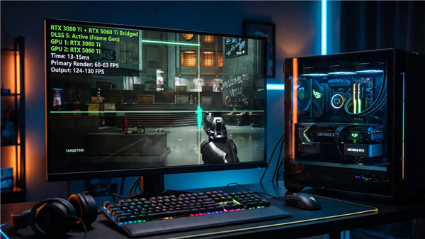 双卡分工跑DLSS 5!RTX 3080 Ti搭配5060 Ti实测:2K帧率翻倍至130