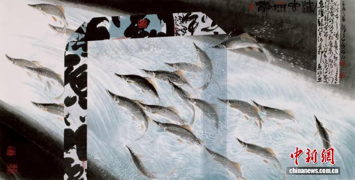 图为林章湖画作《鱼跃龙门》。　(受访者供图)