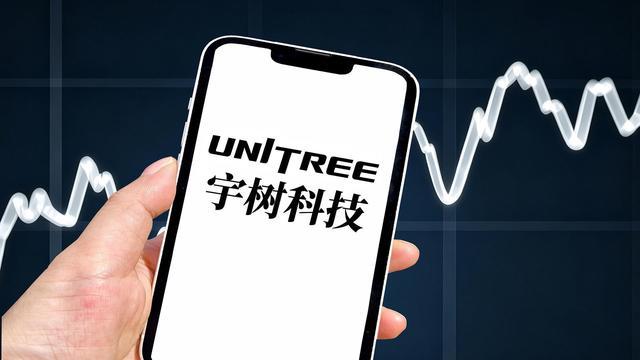 手持显示宇树科技标识的手机，背景为股市走势图