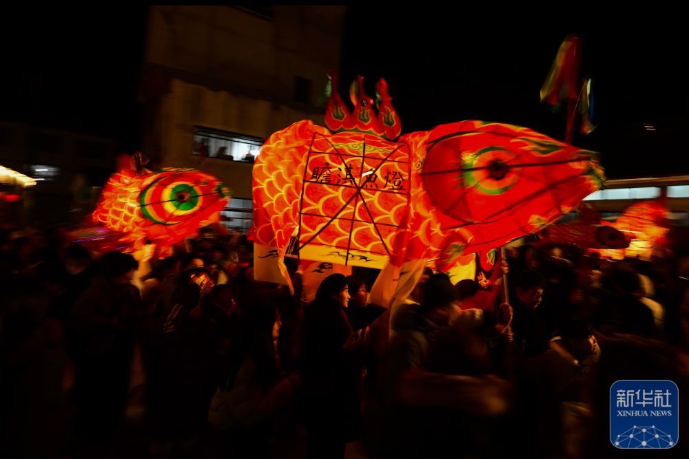 2月7日,瞻淇村鱼灯队在村中表演。