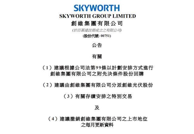 创维集团发布分拆光伏业务相关港交所公告