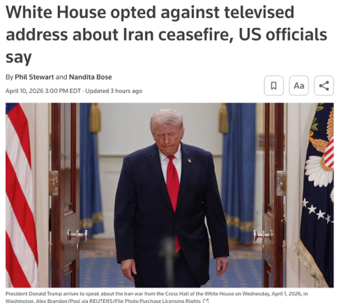△路透社报道,因特朗普助手担心过度渲染脆弱的停火协议,白宫选择不就伊朗停火发表电视演说。