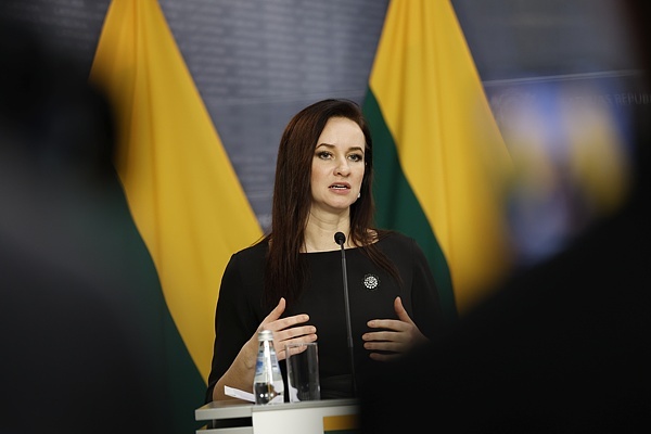 2025年10月30日,拉脱维亚里加,立陶宛新任总理鲁吉尼埃内与拉脱维亚总理会晤后出席联合新闻发布会。视觉中国