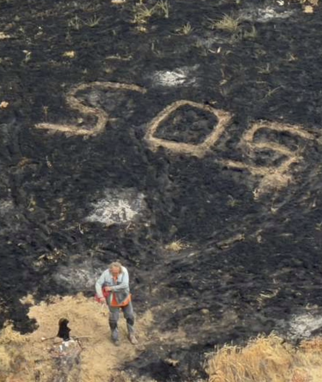 ▲被困水手在岛上烧焦地面留下“SOS”字样求救