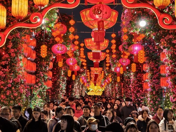 2月17日,游人在广西南宁青秀山风景区新春灯会上观赏花灯。新华社发(喻湘泉摄)