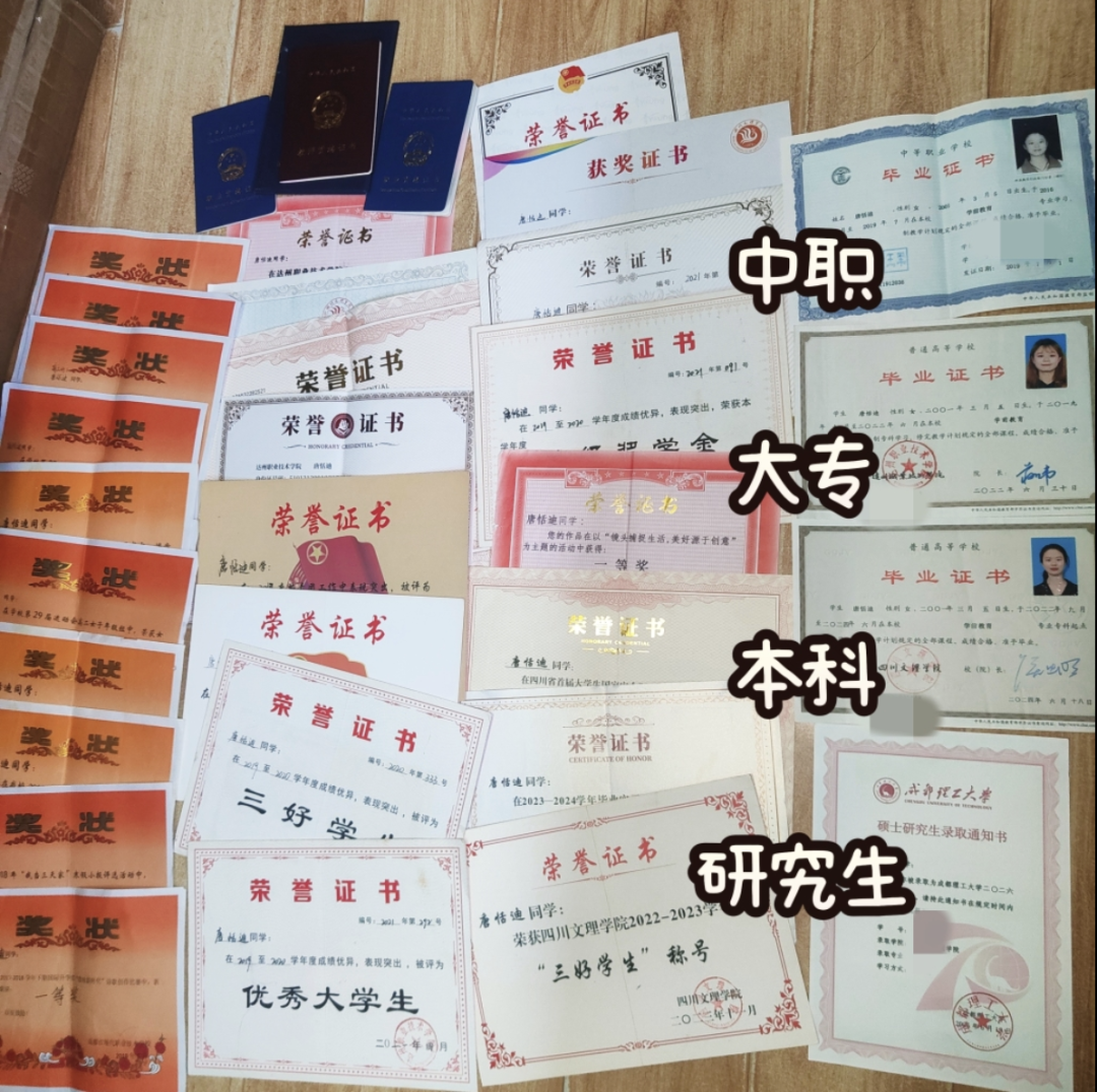 唐恬迪在各个学习阶段获得的荣誉和证书。