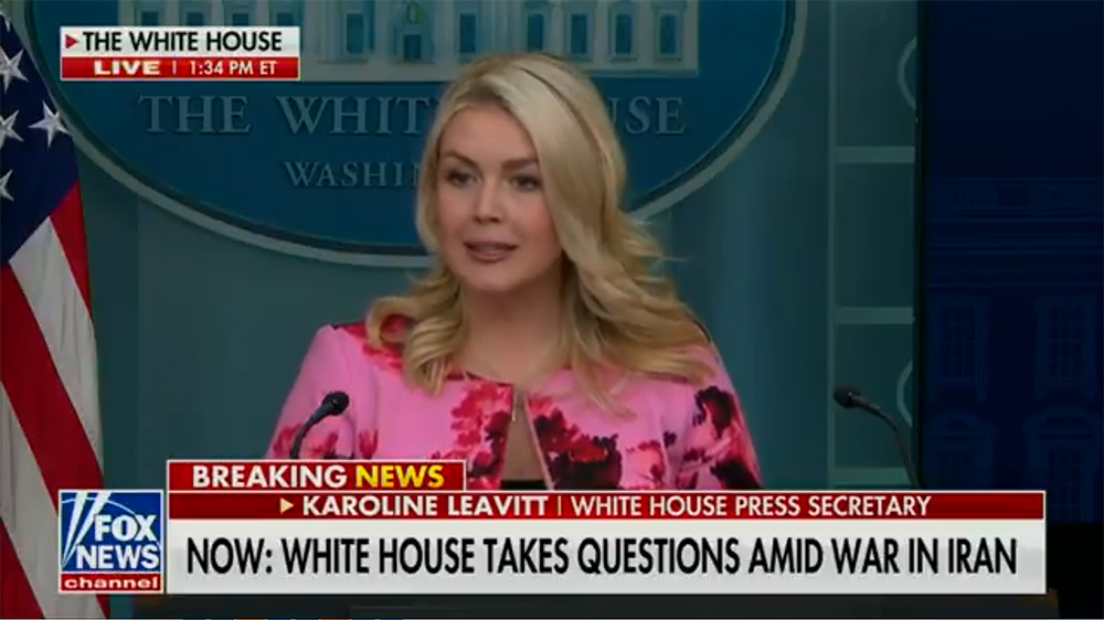 当地时间3月30日，美国白宫发言人莱维特答记者问。 视频截图