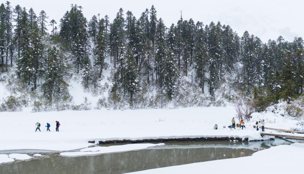 游人在白普隆沟牧场感受雪景。新华社记者 普布次仁 摄