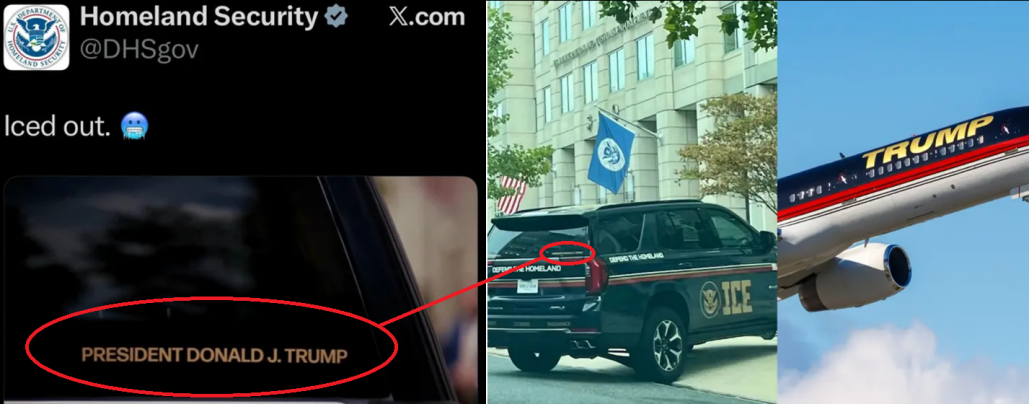 2025年8月,特朗普发布了ICE非隐蔽车辆的涂装制式:深紫色底、红条、金色粗体大字“ICE”(显然是在模仿右图所示的特朗普私人飞机涂装式样),后窗右下角有金色“特朗普总统”小字。诺姆的国土安全部还专门为这几个字发了个X炫耀