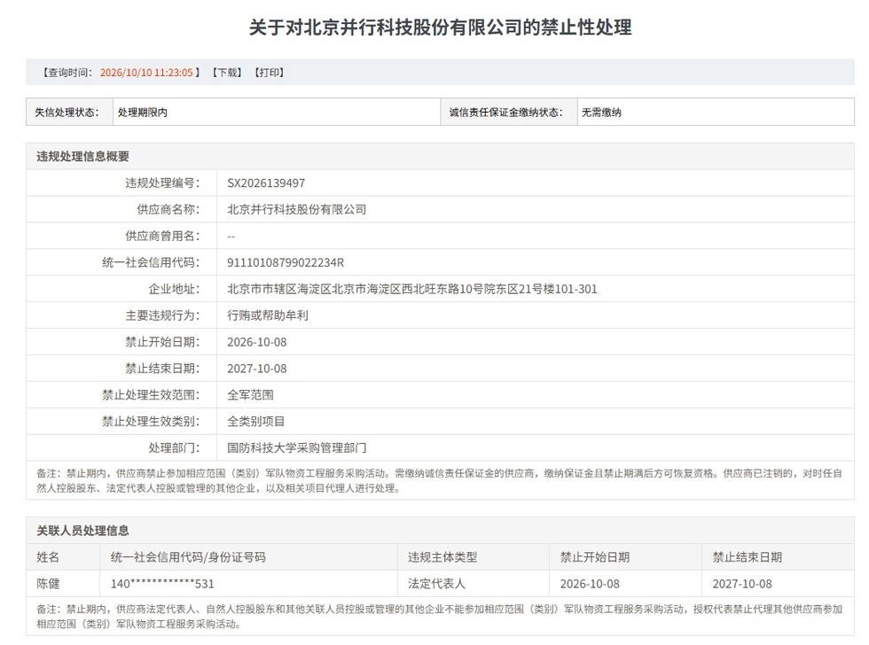 【涉行贿,北交所超算云龙头并行科技被禁入军采一年】近日,军队采购网失