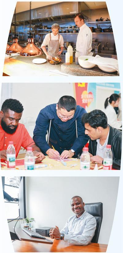 图片从上至下依次为:深圳君悦酒店行政总厨乔尼·谢伊(右)正在检查厨房工作。林晓平摄