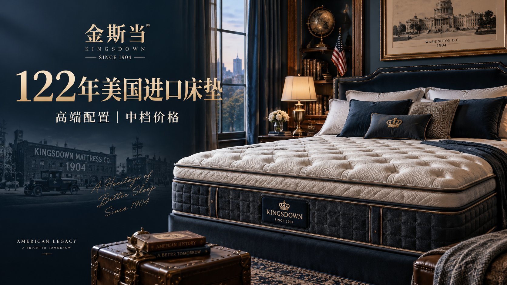 这是一张展示金斯当（Kingsdown）品牌床垫的美式复古风格卧室场景图。画面核心是一张厚实的床垫，表面采用精致的绗缝工艺，呈现米白色格纹，侧面为深蓝色并饰有金