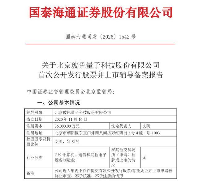 券商出具的玻色量子上市辅导备案报告页面