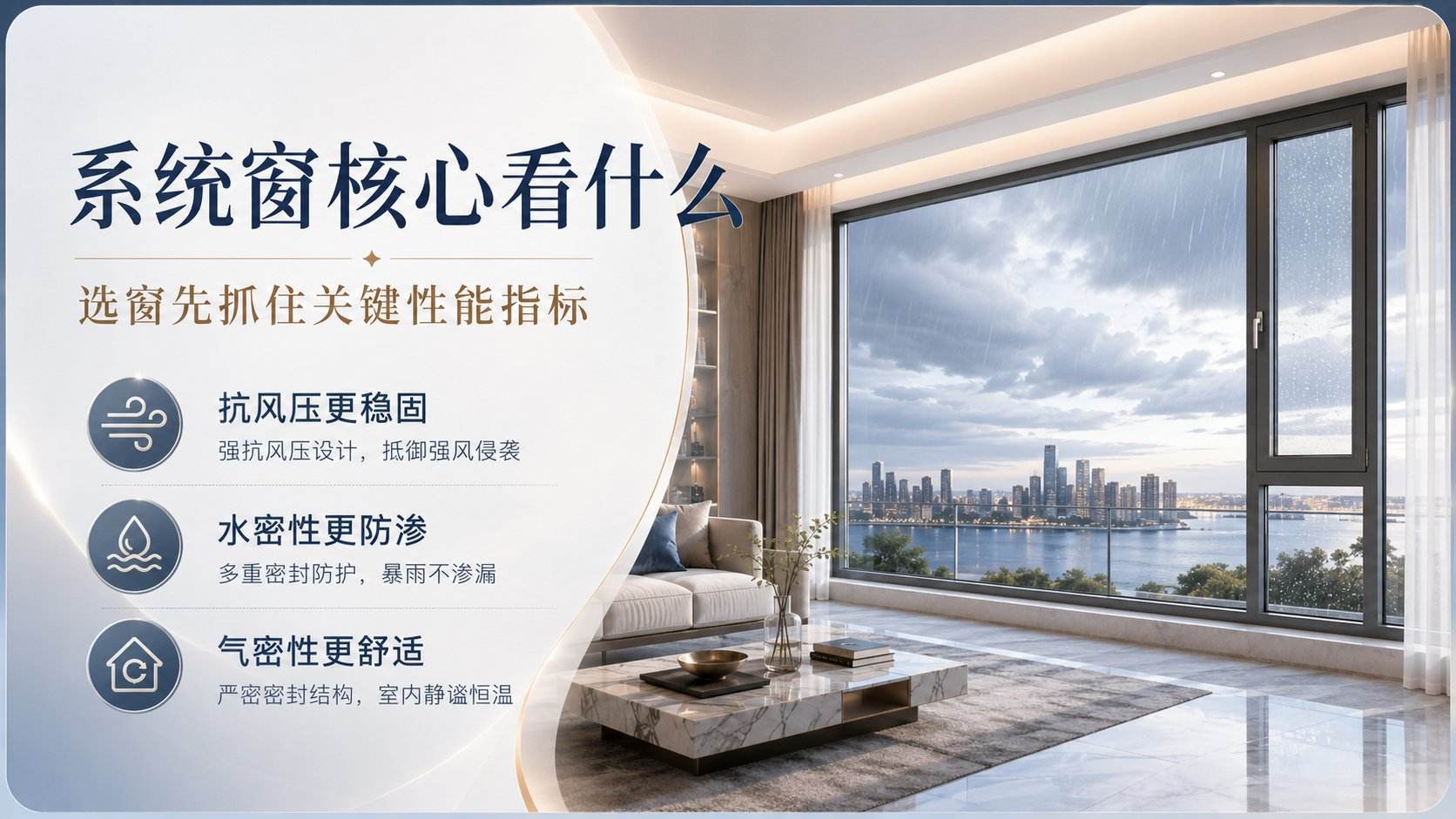 现代简约风格客厅场景,核心展示深灰色系统窗落地窗,窗外呈现阴雨天城市江景。图片左侧图文并茂地解析了系统窗三大核心性能:抗风压更稳固、水密性更防渗、气密性更舒适。