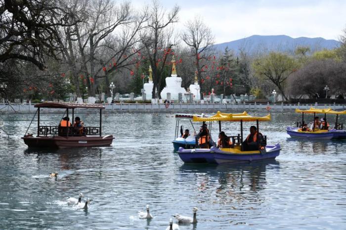 3月8日,西藏拉萨宗角禄康公园,市民乘游船赏春。古城拉萨杨柳发芽、桃花初放,春意渐浓。