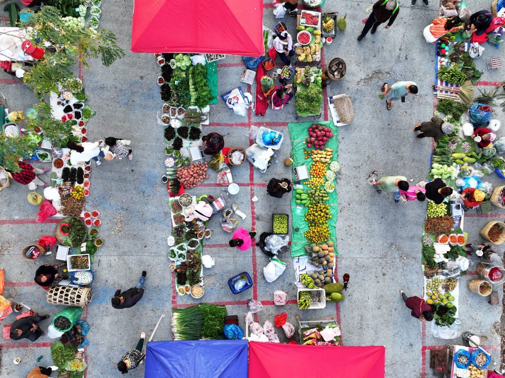 3月1日，人们在云南省西双版纳傣族自治州景洪市曼外村“山货集市”采购（无人机照片）。