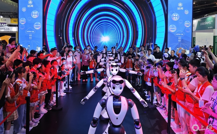 资料图:2023世界人工智能大会,机器人为观众表演《千手观音》 摄影:陈梦泽