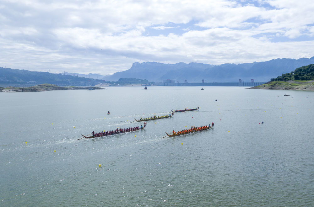 6月19日,传统木质龙舟赛在湖北省宜昌市秭归县徐家冲港湾举行。新华社发(周仕伟 摄)