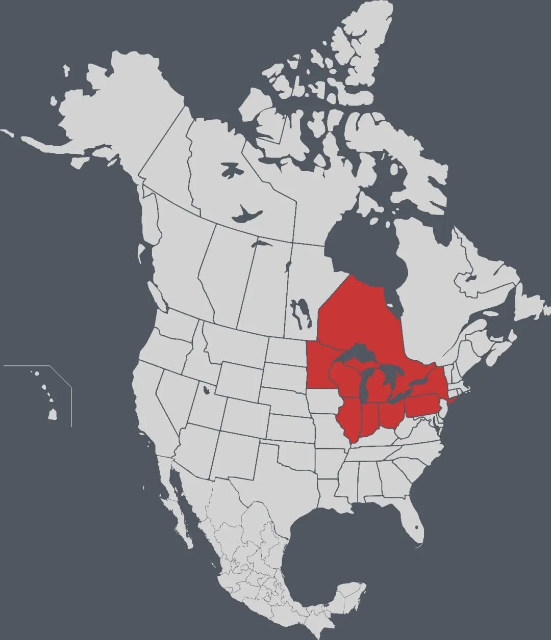 五大湖地区(Great Lakes Region)是指由环绕北美洲五大湖的加拿大安大略省和美国的伊利诺伊州、印第安纳州、俄亥俄州、密歇根州、明尼苏达州、纽约州、宾夕法尼亚州和威斯康星州所组成的区域。 来源:维基公共资源