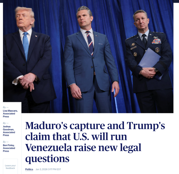 △美国公共广播公司报道,马杜罗被捕以及特朗普称将接管运行委内瑞拉,在美国引发了新的法律问题。