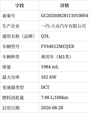 工信部公示：一汽-大众奥迪Q3L申报油耗百公里7.98升-有驾