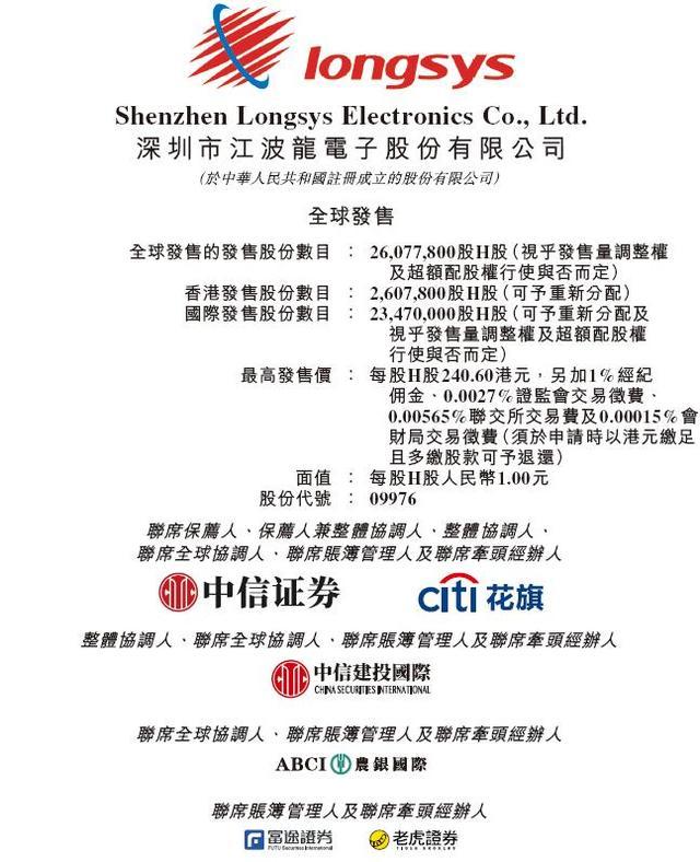 江波龙H股全球发售招股书首页公示信息